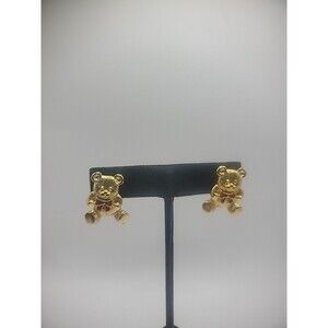 Vintage Avon Earrings Pierced Post Teddy Bear Two Piece Gold Tone Red Accents